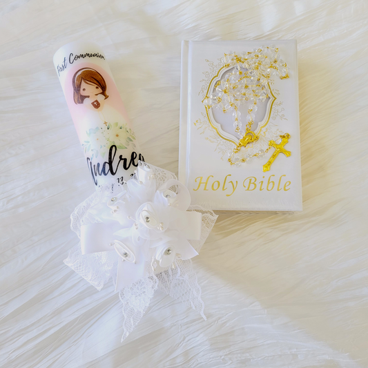 First Communion candle set girl with flowers
